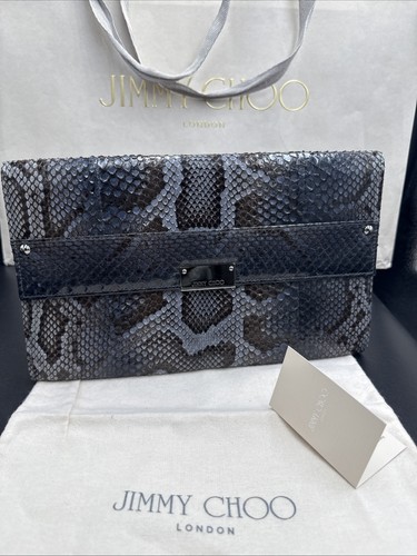 JIMMY CHOO Reese Navy Grey Blue Exotic Leather Evening Party Clutch Bag Handbag - Picture 1 of 10