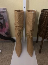 Tan Suede Knee High Pointed Toe Boots