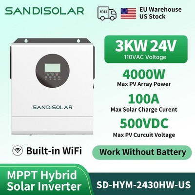 SANDISOLAR 3KW Solar Hybrid Inverter 24V DC-110V AC Off-Grid 100A MPPT Charger