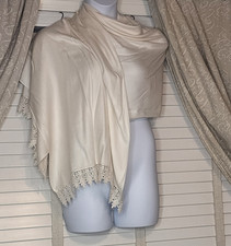 Ivory Pashmina Shawl Scarf Stole Embroidery Lace Trim 21x78 Dressy Coquette