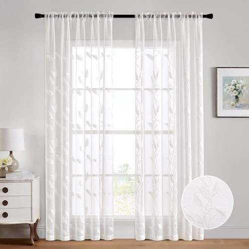 White Voile Sheer Curtains, Embroidered Leaf Curtains 96 Inches Long, Rod Poc... - Picture 2 of 6