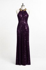 Vintage Scala Purple Sequin Gown Size 10 Y2K Prom Formal Beaded Neck Maxi Dress