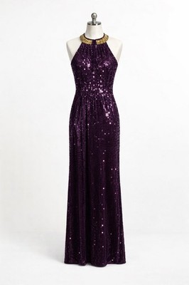 Vintage Scala Purple Sequin Gown Size 10 Y2K Prom Formal Beaded Neck Maxi Dress