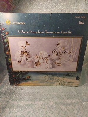 Vintage Traditions 3 Piece Porcelain Snowman Family White Gold Trim New 220301