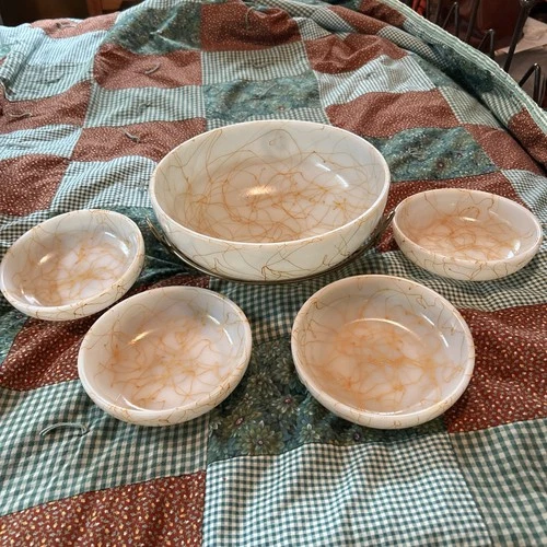 MCM VTG Hazel Atlas Spaghetti String Bowl Set Gld/Wht Swirl Milk Glass 10" 6 PC