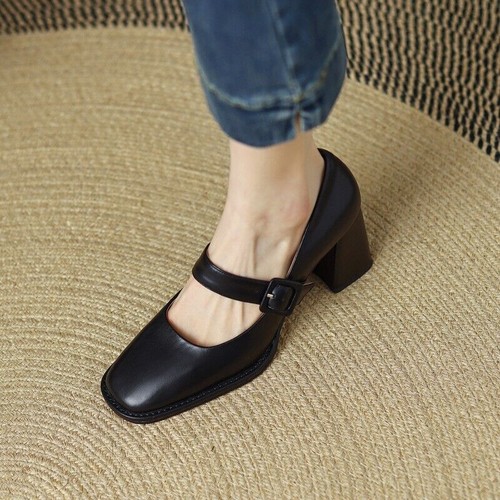 Women Block High Heel French Square Toe Mary Jane Shoes Buckle Strap Pump Dress - Picture 16 of 22