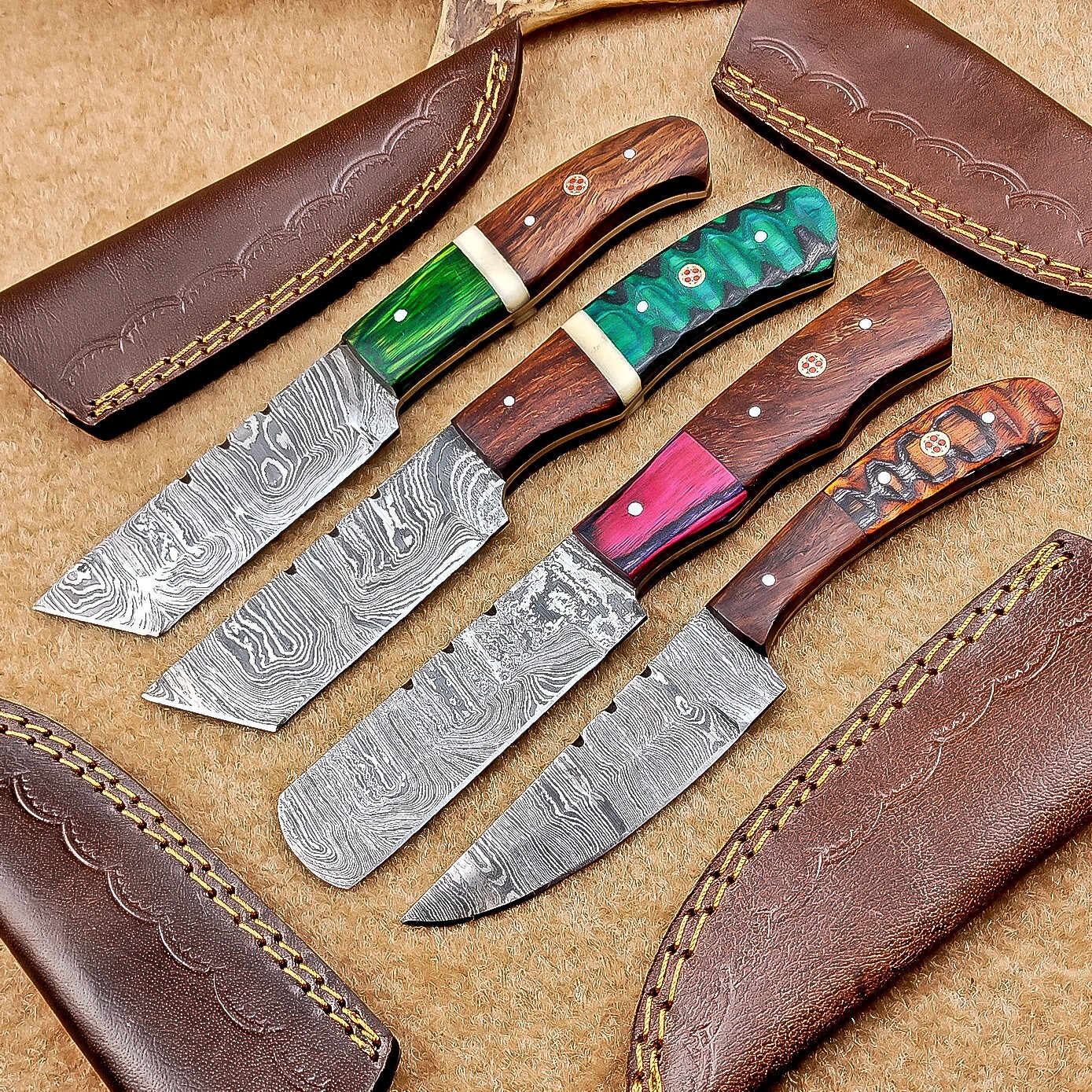 4 Pcs Damascus Blade Skinner Knives Set | 8