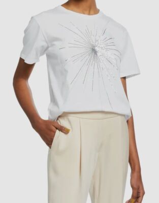$225 Halston Women's White Alina Sequin-Embellished Cotton T-Shirt Top Size M