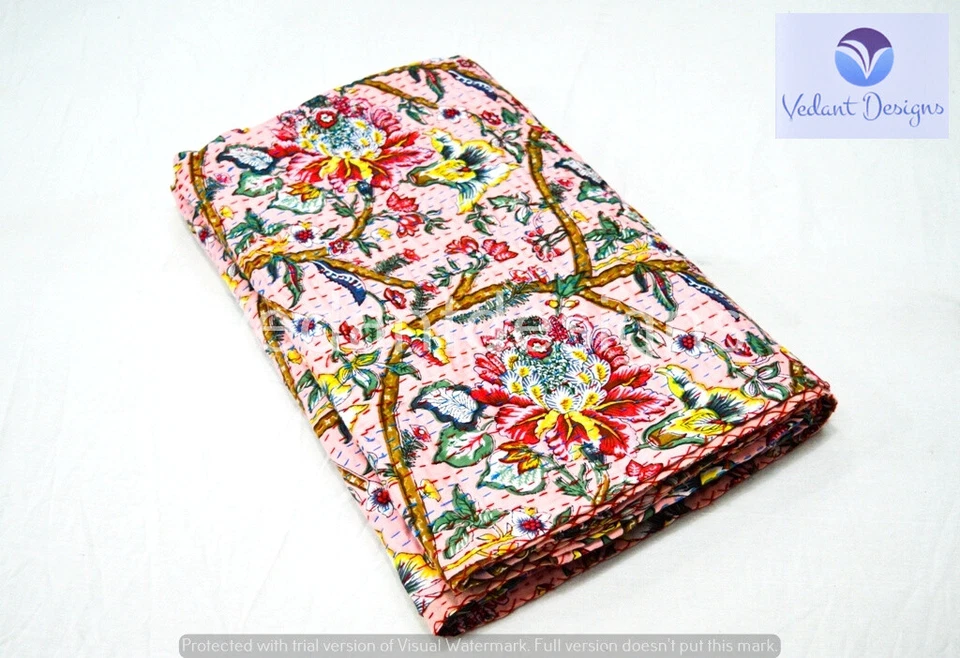 Edredón Kantha floral reversible indio rosa manta doble arte Foto 2 de 4