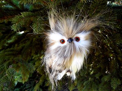 Plush Furry Feather Brown White & Black Owl Branch Ornament