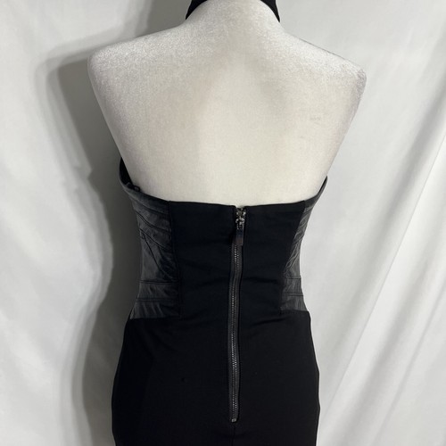 Vtg Bebe Black Leather Banded Halter Mini Dress Stretch Sz 6 Goth Bodycon Womens - Picture 4 of 22