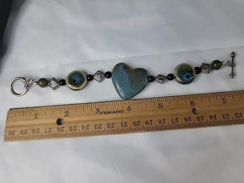 Handmade Painted Blue Ceramic Focal Heart Bead W/ Silvertone Findings Bracelet - Picture 12 of 15