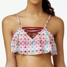 NWT Hula Honey Flounce Bikini Top Junior's Size Small Wine Multi Print Lace Up