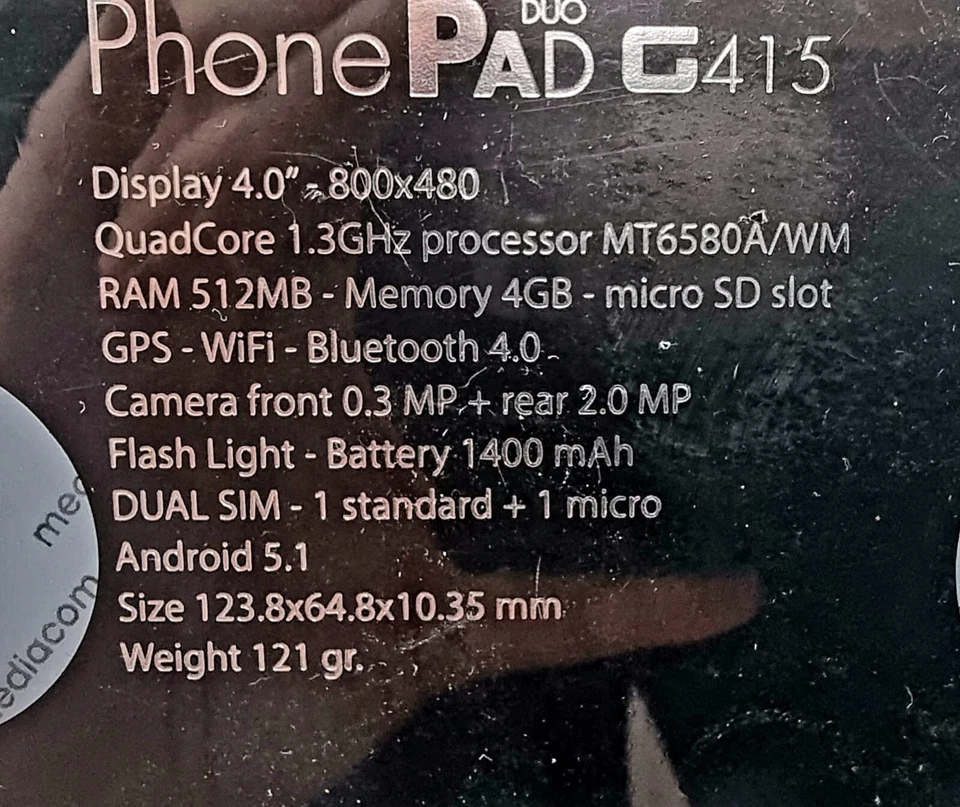 SMARTPHONE MEDIACOM PHONEPAD DUO G4 DUALSIM 4" QUADCORE 1,3GHZ - Immagine 2 di 4
