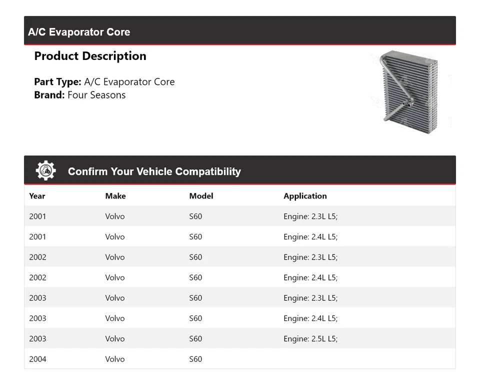 Núcleo evaporador aire acondicionado Volvo S60 2001-2004 4 estaciones 2002 2003 Foto 2 de 4