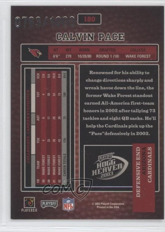 2003 Playoff Hogg Heaven Rookie /1000 Calvin Pace #180 Rookie RC - Image 2 of 2
