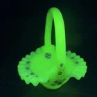 Fenton Vaseline Uranium UV Glow Satin Custard Ruffled Basket 8" HP Signed USA