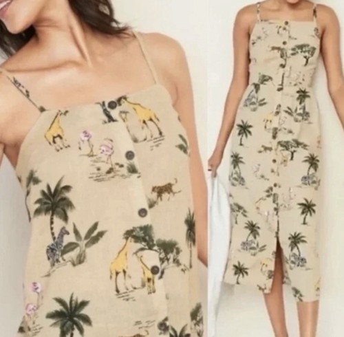 Old Navy Tan Safari Animal Print Linen Midi Dress Sz XXL Bohemian Hippie Summer - Picture 2 of 13