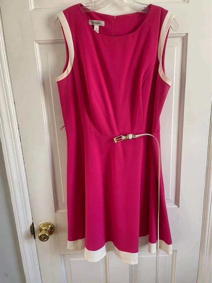 Pink Sleeveless Boatneck Dress White trim Dress Barn Belted Fit & Flare Size 16 - Image 3 of 4
