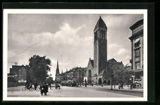 Karlsruhe i. B., Lutherkirche mit Straße und Strassenbahn, Ansichtskarte 