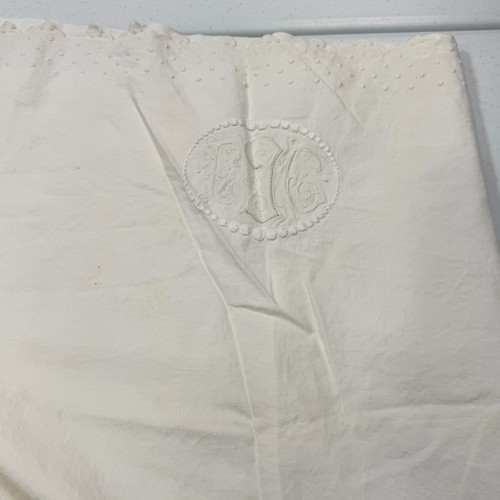 Vintage Leinen Twin Flach Laken weiß bestickt monogrammiert gewellte Mitgift - Bild 4 von 9