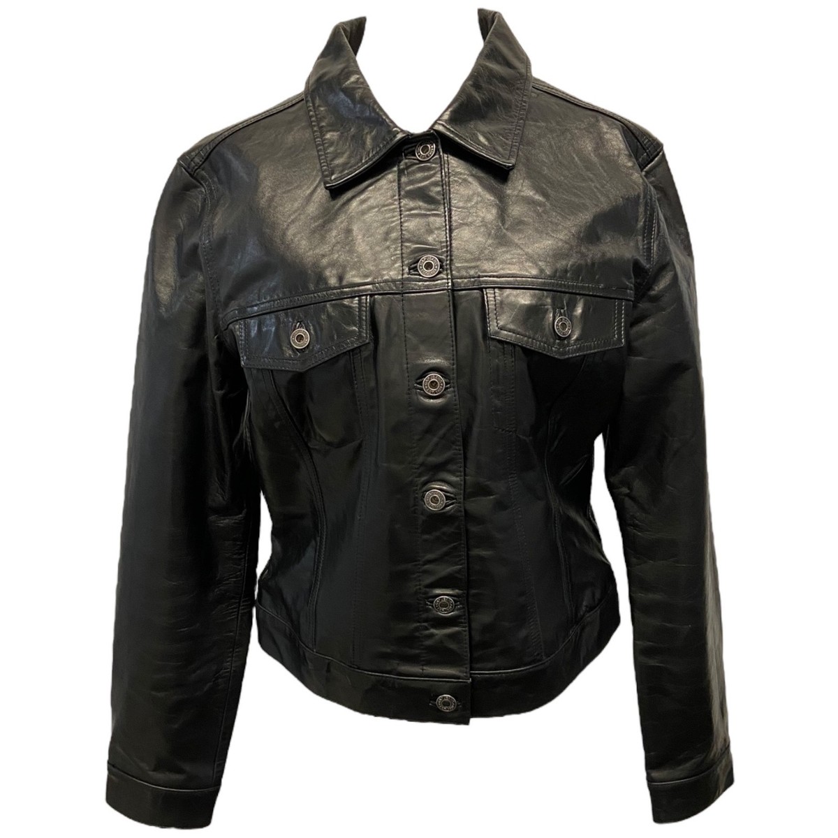Vintage GAP Fall 2000 Black Leather Button Up Trucker Jacket 