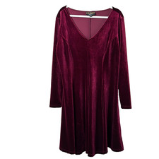 Marc Bouwer Unlimited Dress Size XL Burgundly Velvet Velour Long Sleeves V Neck