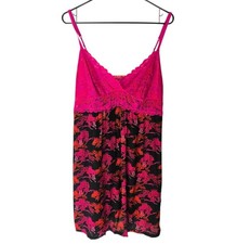 Josie Natori Lace Babydoll Nightgown Pink Black Asian Botanical Print Slip Dress