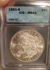 1891 S Morgan Silver Dollar BU, RARE, ICG MS 63, VAM-5C, 5213