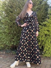 Vintage 1980s Black Maxi Dress long sleeve square Print and Tie Front Detail 16