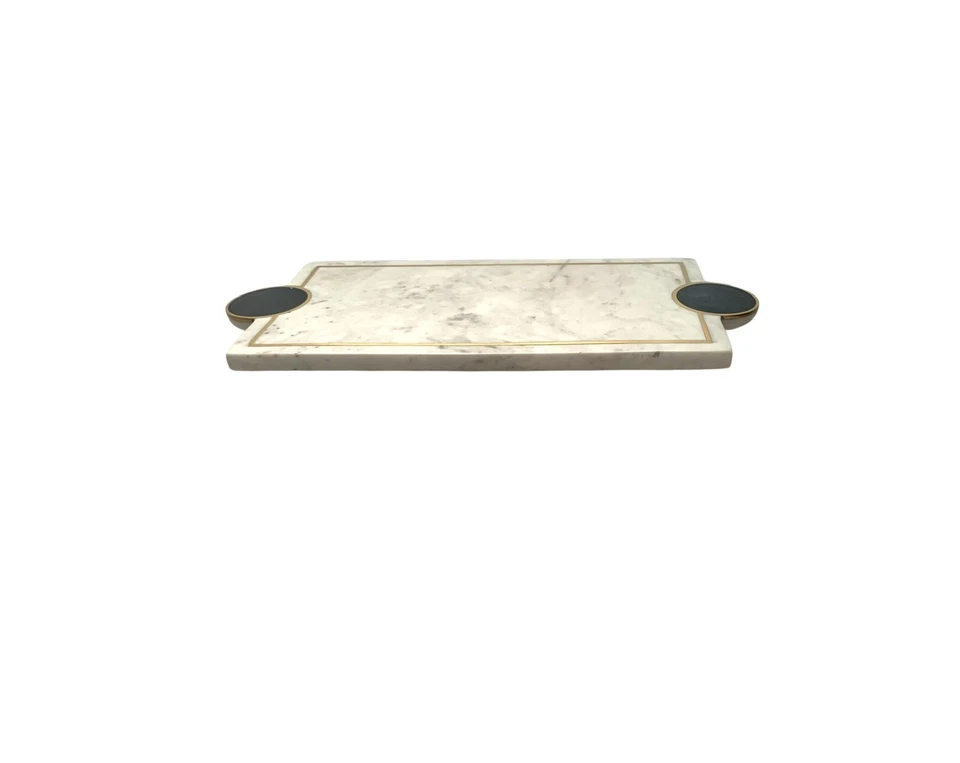 Tray White Marble with Black Stone Handles Heavy Platter with Golden Accent - Image 3 of 4