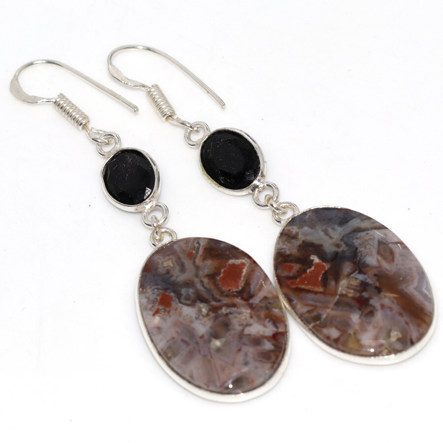 Stick Agate Black Onyx 925 Silver Plated Long Earrings 2.5