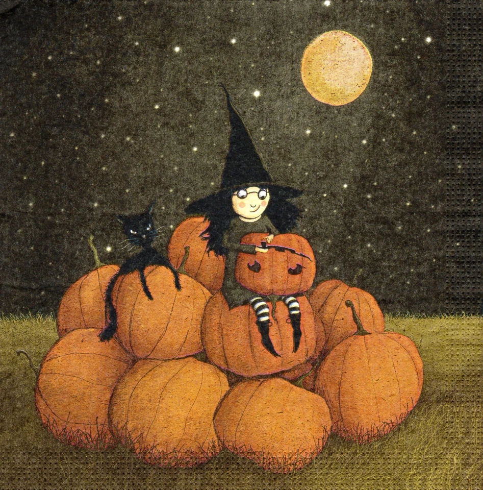 3 Servietten ~ Halloween, Hexe und schwarze Katze auf einem Berg Kürbisse ~33x33