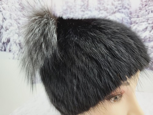 Cappello invernale in vera pelliccia nera beanie da donna orecchie da gattino cappello da neve - Foto 8 di 9