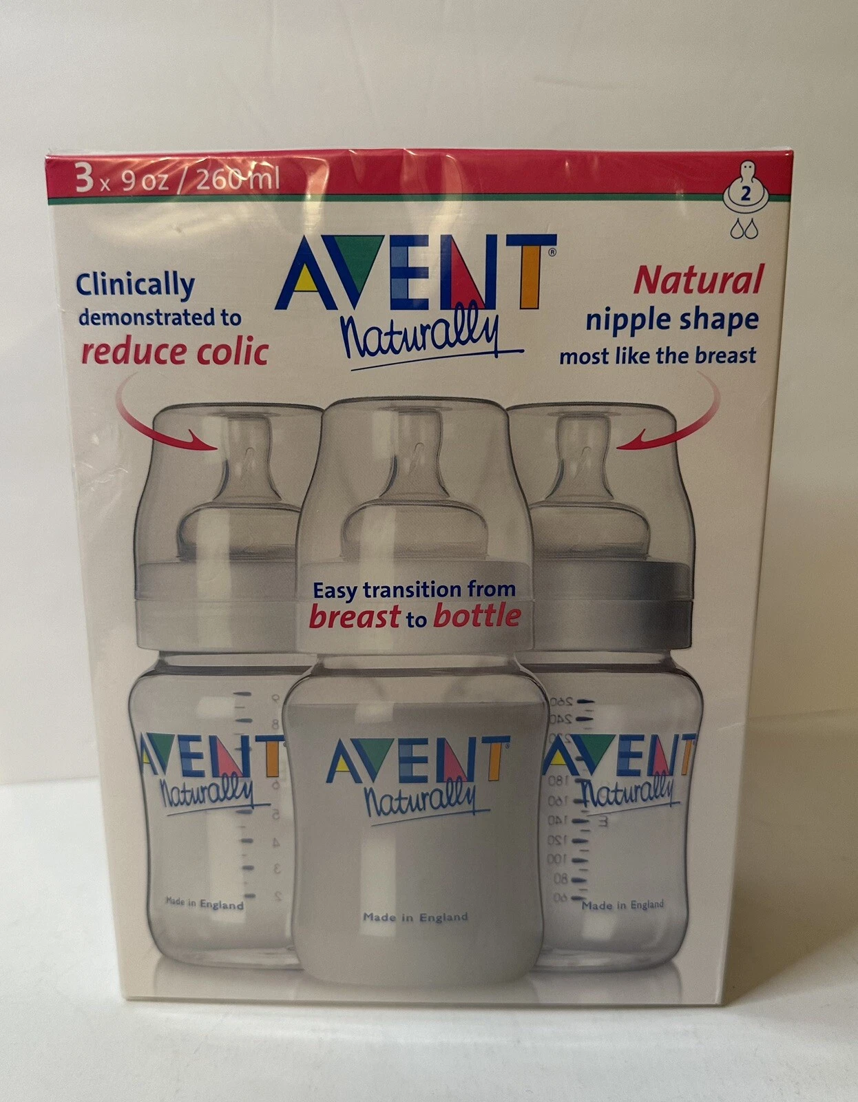 AVENT 3 Baby Bottles - 9oz Baby Infant Bottle VTG NOS Slow Flo - Made In England