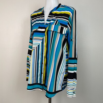 Calvin Klein Top Medium Blue Green Striped Button-Front