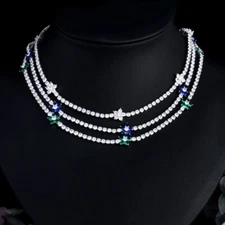 Silver Plated Blue CZ Women Round Tennis Chain Long Flower Wedding Necklace 