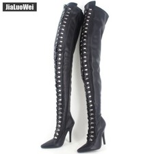 Women Lace Up Zip Crotch Matt PU Thigh High Heel Over Knee Boots Plus Size