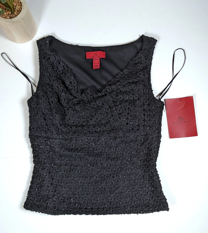 JS Collections Womens Black Beaded Crochet Cami Crop Top Tank Size 6 NWT - Image 3 of 4