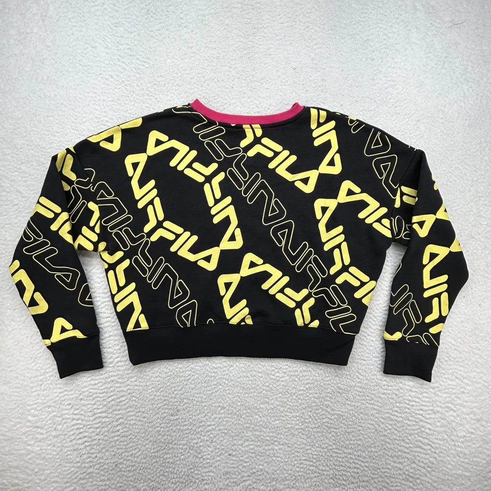 Fila Sweatshirt Womens Large Crewneck Black Yellow All Over Print Pullover Logo - Image 4 of 4