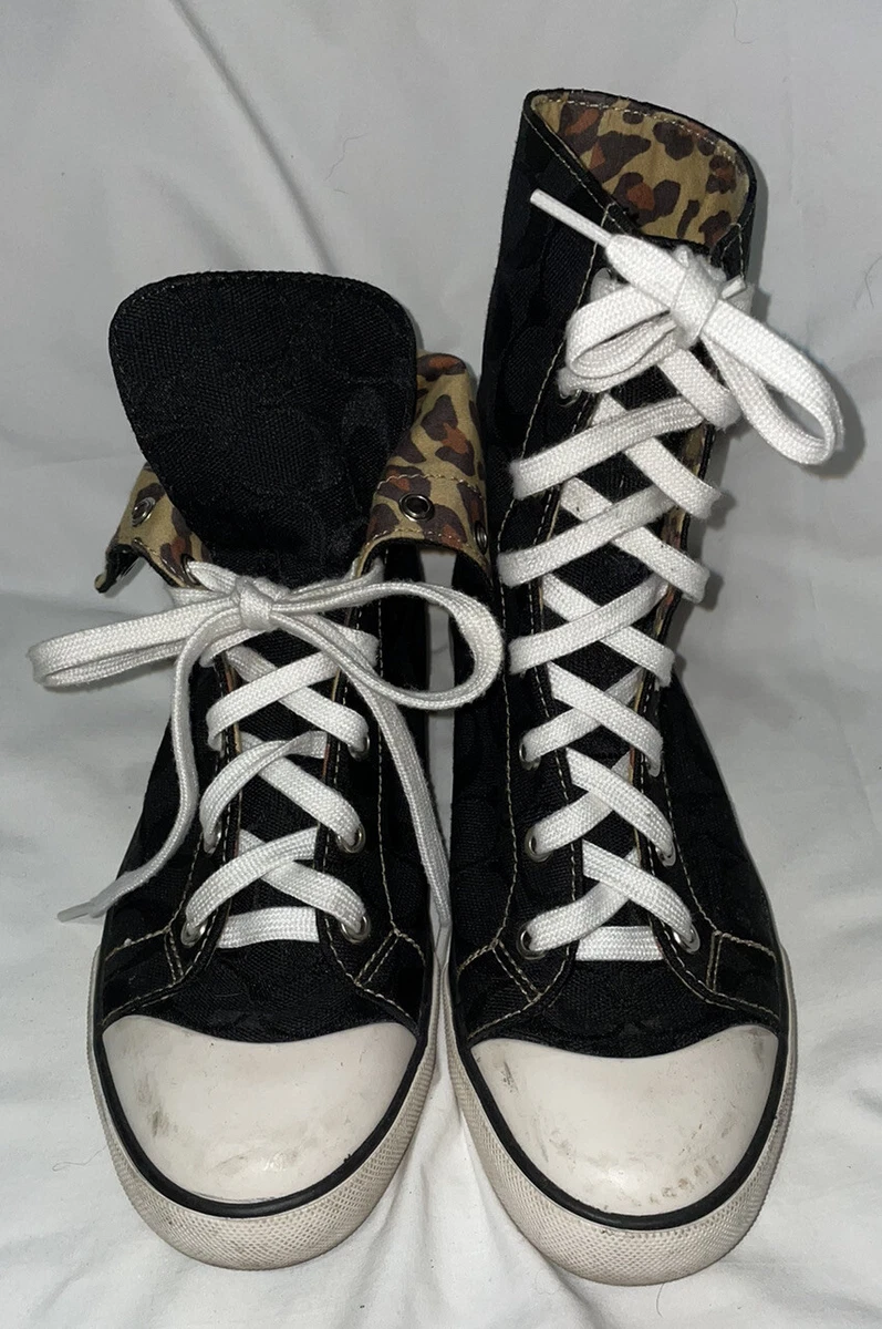 COACH Signature Bonney Leopard Lined Fold Down Cuff High Top Sneaker Shoe Sz 6.5
