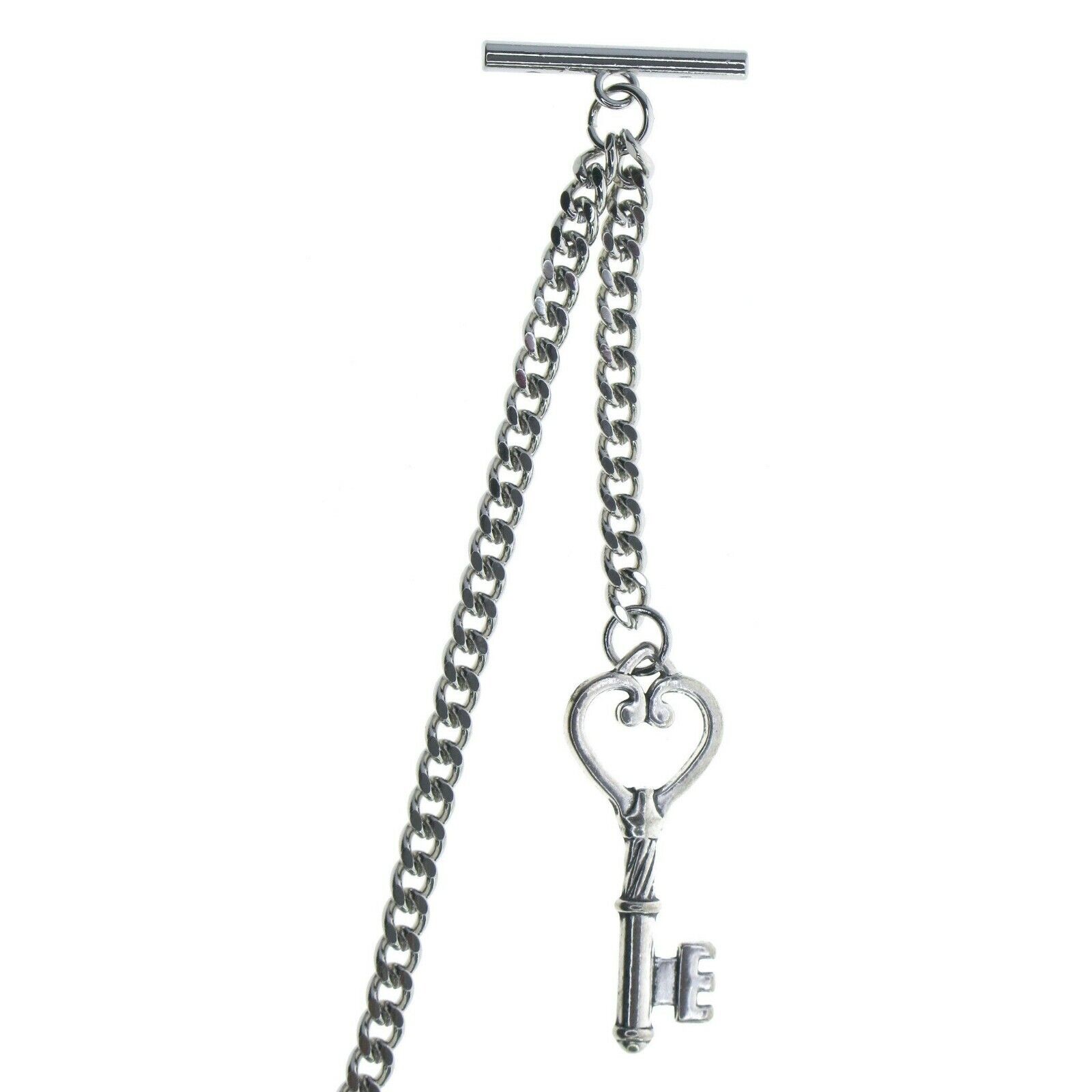 Pocket Watch Chain Silver Albert Chain for Men with Vintage Key Fob T Bar  AC128