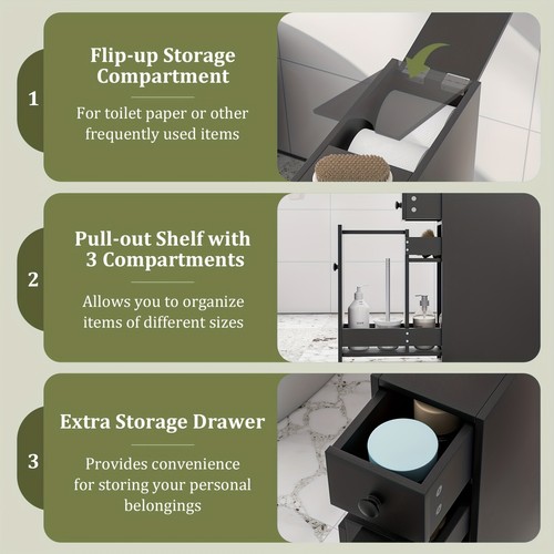 Black MDF Bathroom Floor Storage Cabinet Slim Design with Adjustable Shelf - Picture 2 of 5