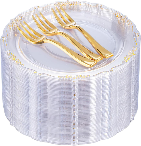 LIYH 200Pcs Clear Gold Plastic Dessert Plates 7.5"And Gold Dessert Forks 5", Cle