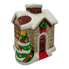 Vintage Russ Berrie Earthenware Snow House Votive Candle Holder Christmas Tree