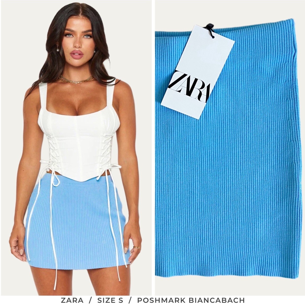 NWT ZARA Baby Blue Stretch Knit Mini Skirt Size S
