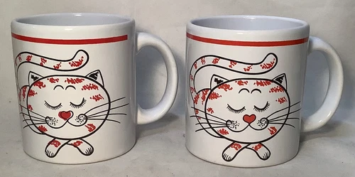 Set of 2 Vtg Waechtersbach Mugs White Happy Cat With Red Highlights W. Germany