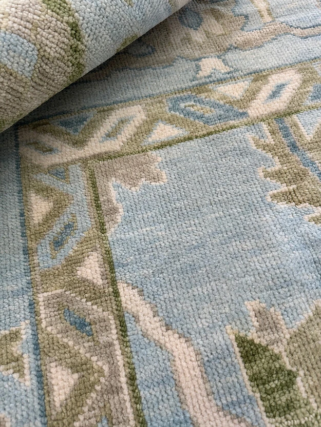 Alfombra Oushak Azul Hielo Lana Hecha a Mano Oriental Turco Diseño Anudado a Mano Alfombra Foto 3 de 4