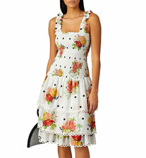 FARM Rio White Nanaju Tropical Polk Dot Smocked Tiered Ruffle Midi size XS