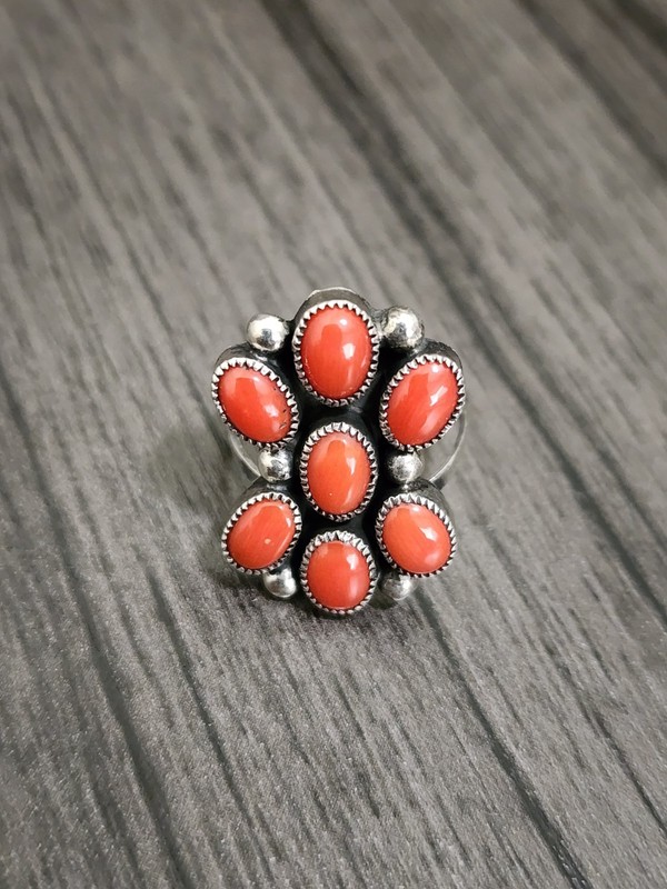 BH Vintage Native American Navajo Sterling Silver Ring Coral Stones Size 7.5